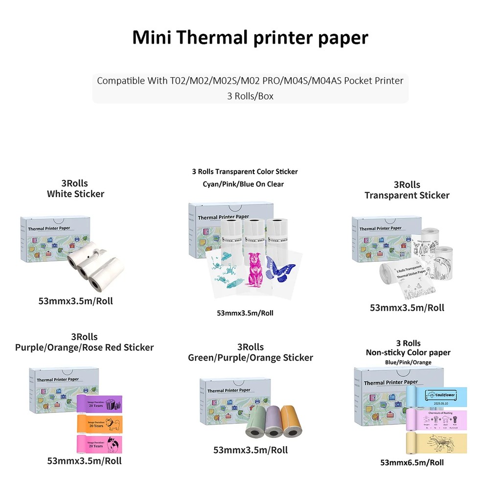 Thermal Printer Paper,Transparent Sticker,Color Photo Papers 3Rolls/Box 53Mm Width Compatible With