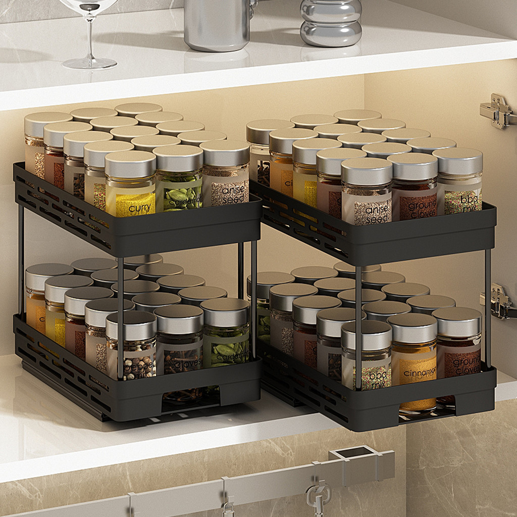 Pull-out Double-layer Plastic Storage Rack Multifunctional Large Capacity Spcie Jar Holder Kitchen