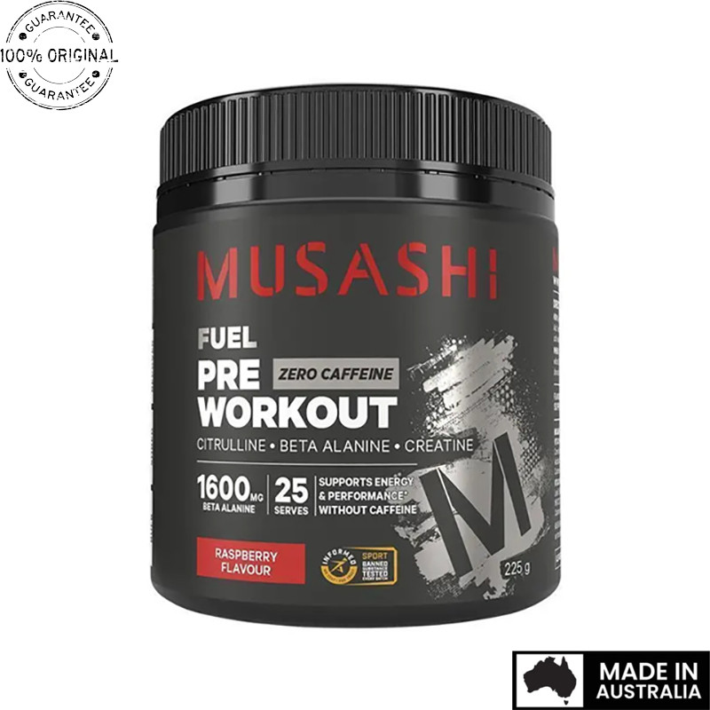 Aussie Original Musashi Pre Workout Zero Caffeine Red Raspberry 225g