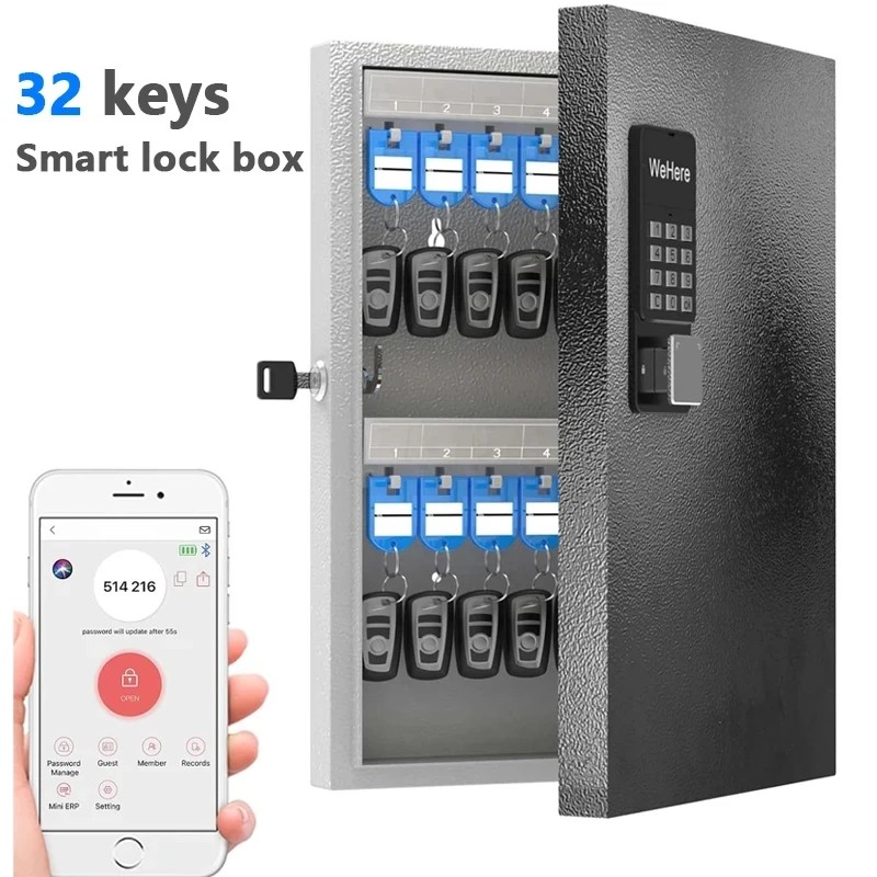 WeHere 32 Key Lock Box, Intelligent Wall Mounted Key Storage Cabinet,OTP/APP Bluetooth/fixed Code
