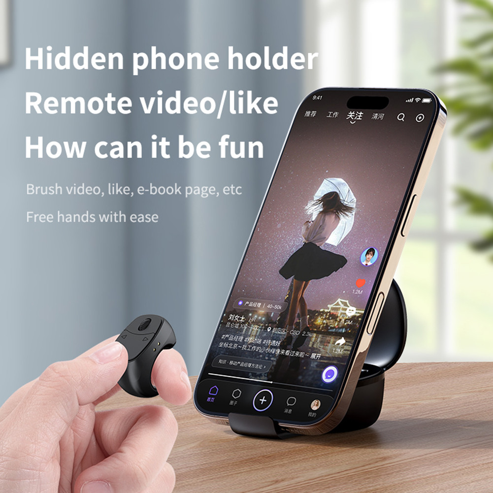 Fingertip Remote Control Bluetooth Scrolling Ring With Phone Stand Wireless Ca Shutter Selfie Button
